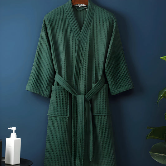 Adult Cotton Waffle Kimono Bathrobe Gown Yukata Couple Robe Negligee with Pocket Loose Casual Home Dress Loungewear Sleepwear - Dark Green