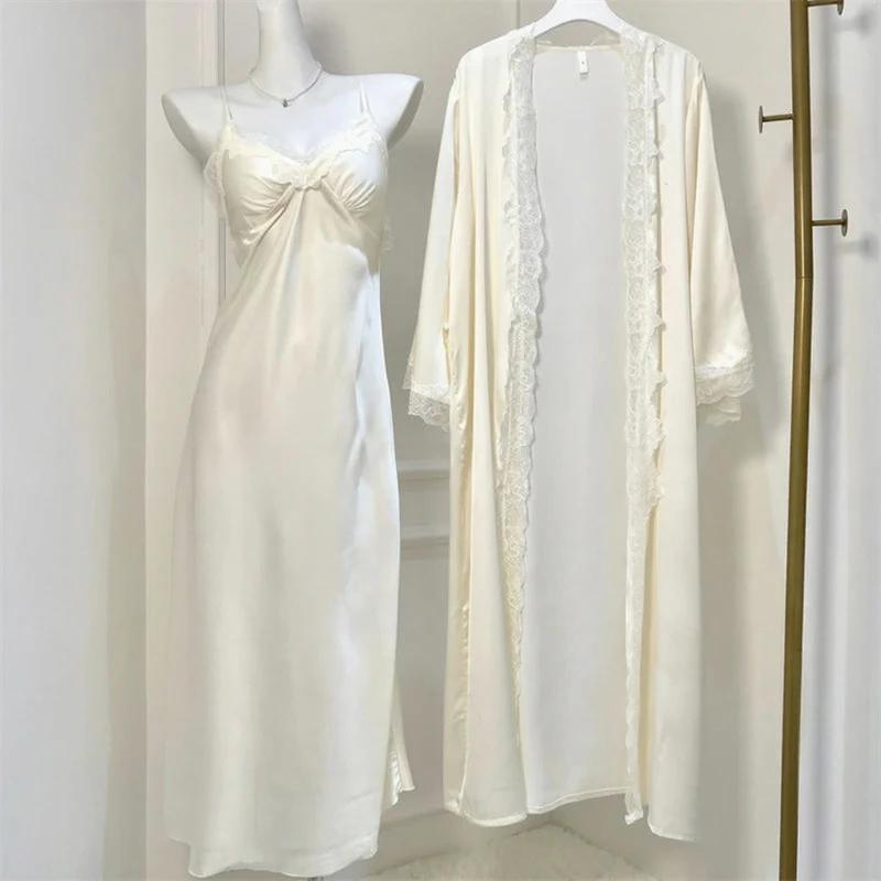 Nightgown Dress with Robe - Beige Long
