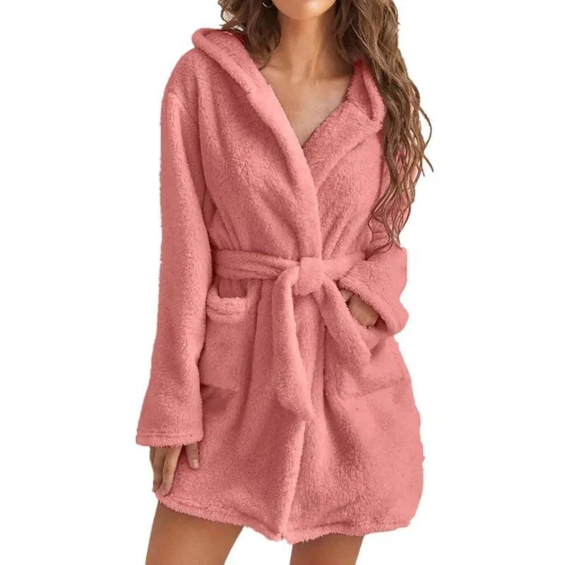 New Women Sleeping Robe "Pink" Thickened Winter Home Bathrobe Ladies Casual Hooded with Pockets Warm Simple Padded Pajamas