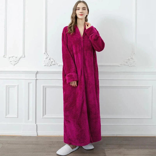 Women's Extra Long Thermal Jacquard Flannel Bathrobe with Zipper - Rose