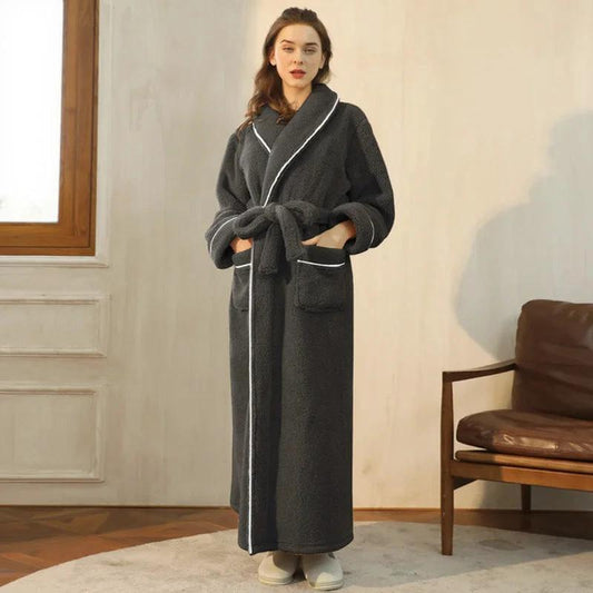 Women's Black Gray Plush Long Fleece Bathrobe