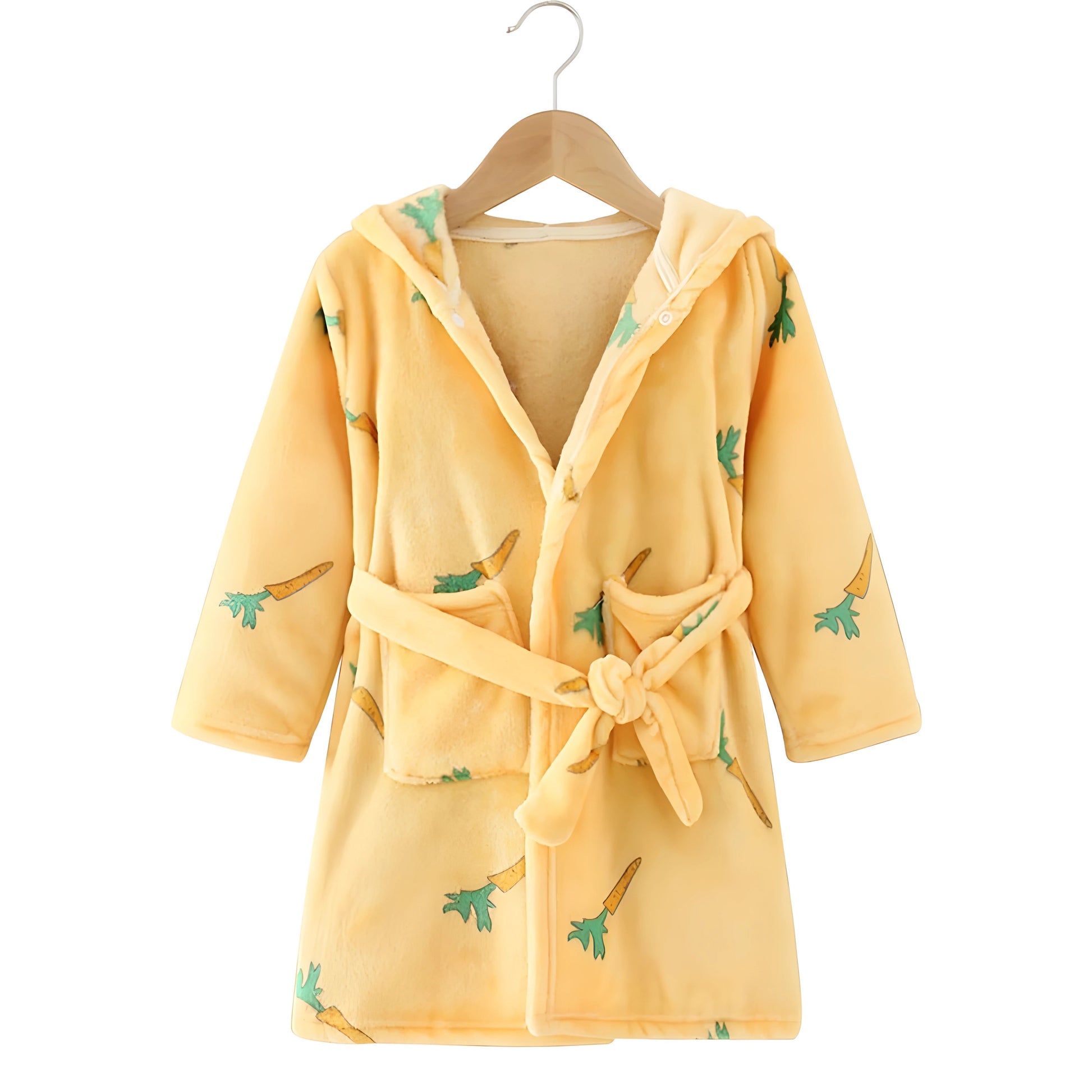 Children Hooded Fleece Bath Robe - Yellow with Carrot Pattern