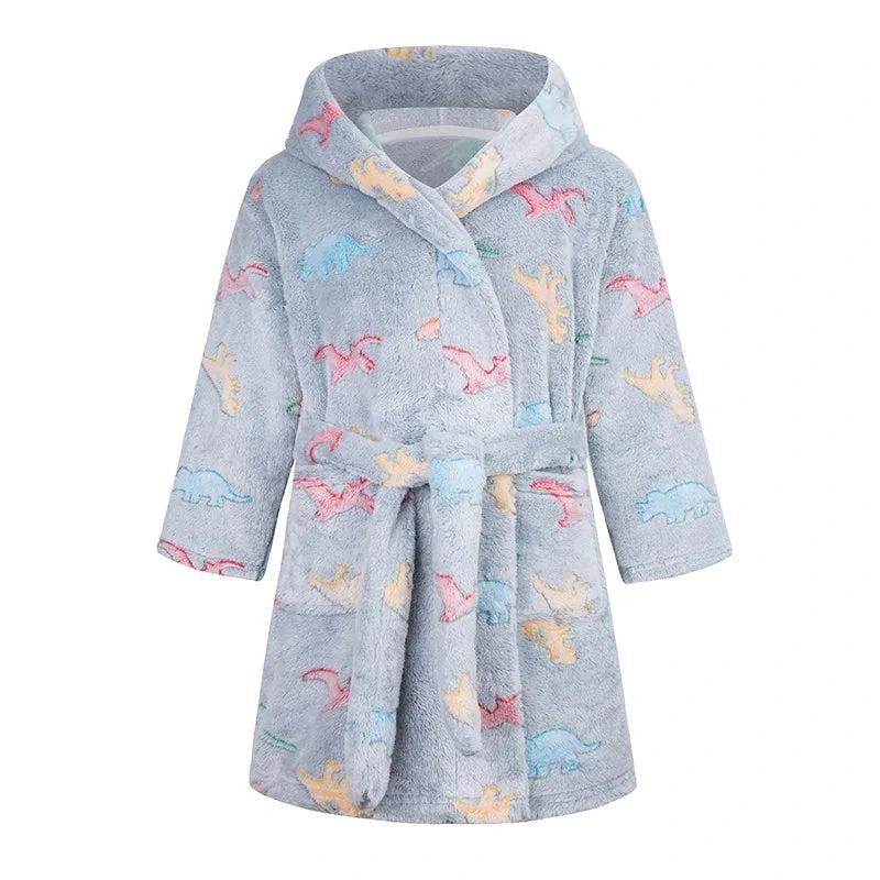 Robe de chambre à capuche douce en flanelle d'automne/hiver pour enfants, motif dinosaures gris clair (Style 27)