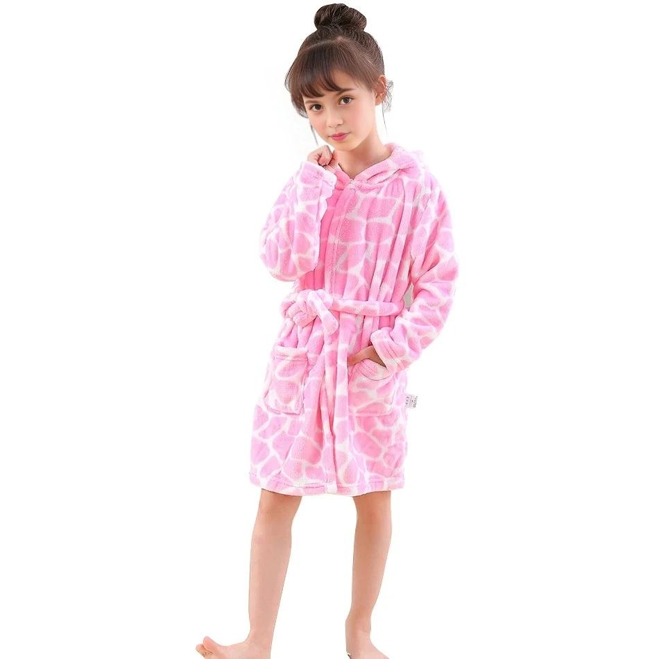 Children Hooded Fleece Bath Robe - Pink Giraffe Pattern