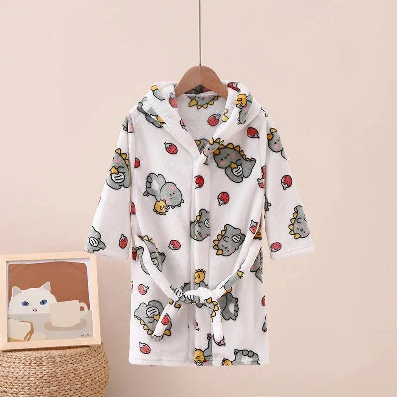 Peignoir enfant "Style 5" blanc à motifs dinosaures et fraises