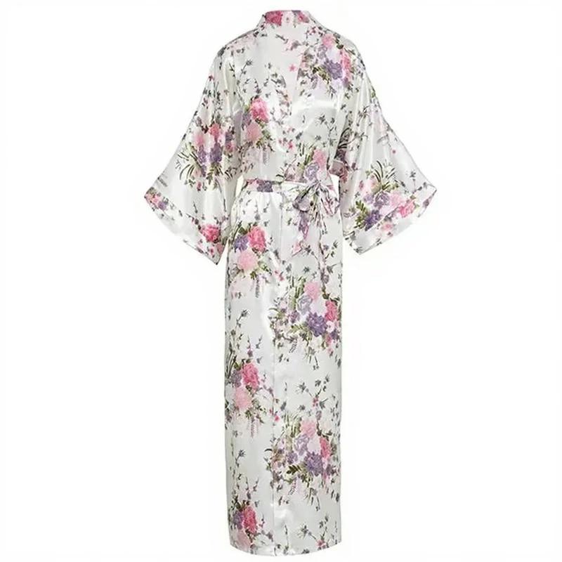 Robe kimono longue en satin pour femme avec poches - Motif floral blanc