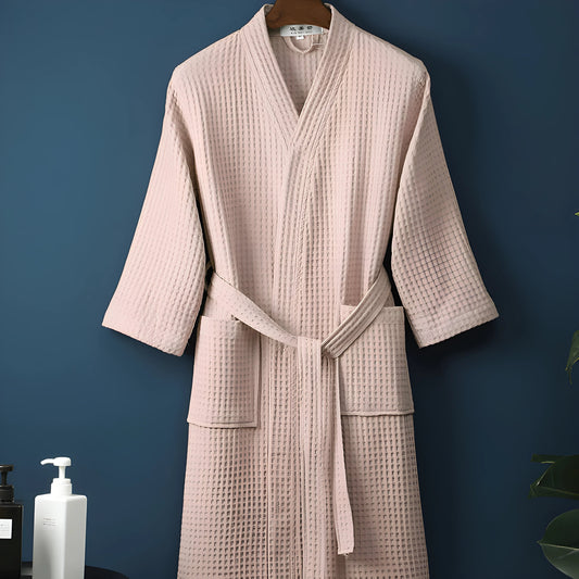 Adult Cotton Waffle Kimono Bathrobe Gown Yukata Couple Robe Negligee with Pocket Loose Casual Home Dress Loungewear Sleepwear - Pink