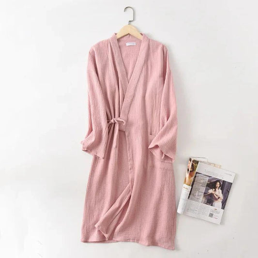 Robe kimono en coton crêpe style japonais pour femme - Rose