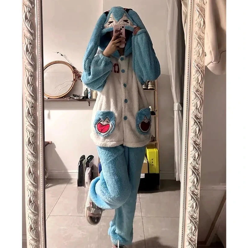 Pyjama Hatsune Miku Bleu Clair Polaire Capuche Lapin - 1