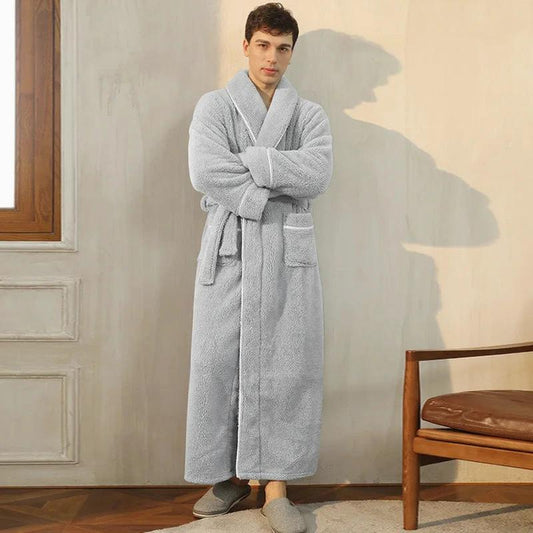 Men's Silver Gray Plush Long Fleece Bathrobe