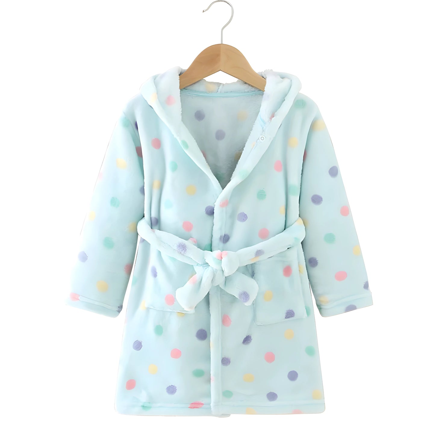 Children Hooded Fleece Bath Robe - Light Blue with Polka Dot Pattern