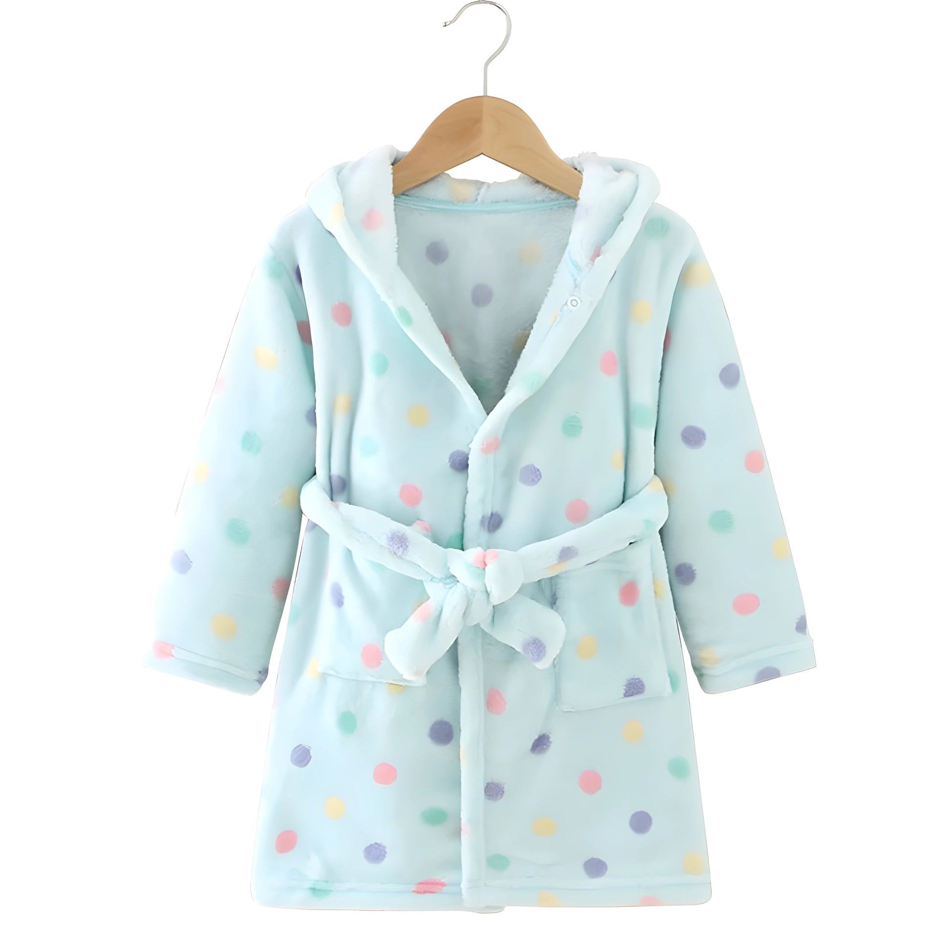Children Hooded Fleece Bath Robe - Light Blue with Polka Dot Pattern