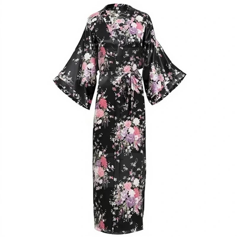 Robe kimono longue en satin pour femme avec poches - Motif floral noir