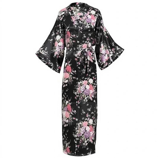 Robe kimono longue en satin pour femme avec poches - Motif floral noir