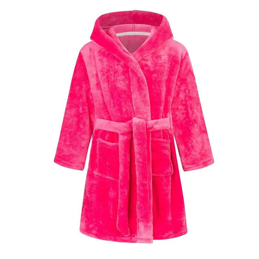 Robe de chambre à capuche douce en flanelle unie rose vif pour enfants (Style 22)