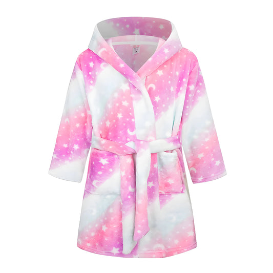 Robe de chambre à capuche douce en flanelle d'automne/hiver pour enfants, motif galaxie rose et blanche étoiles et lunes (Style 8)