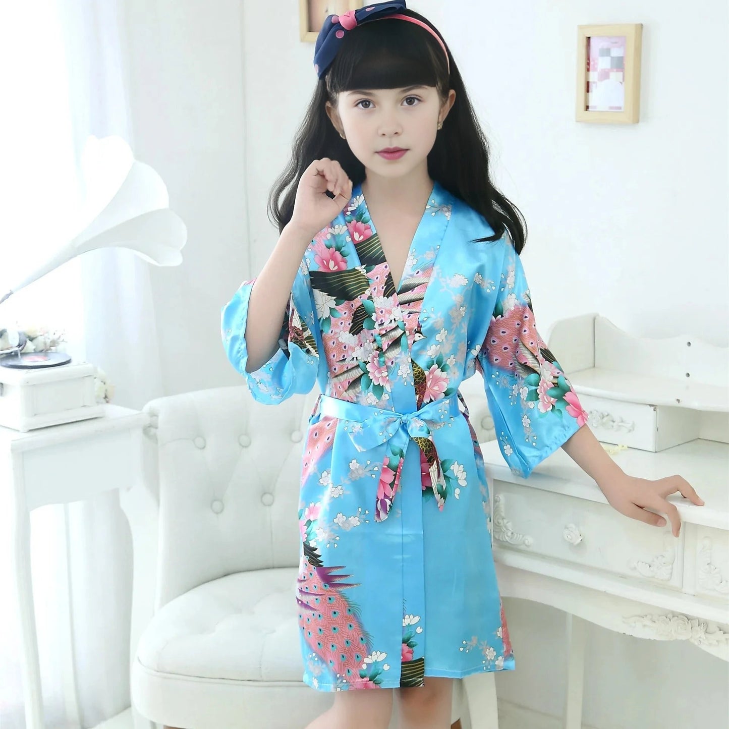 Kids Satin Floral Robe - Light Blue