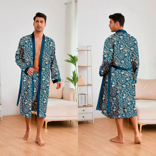 Peignoir Homme Satin Style Floral Bleu