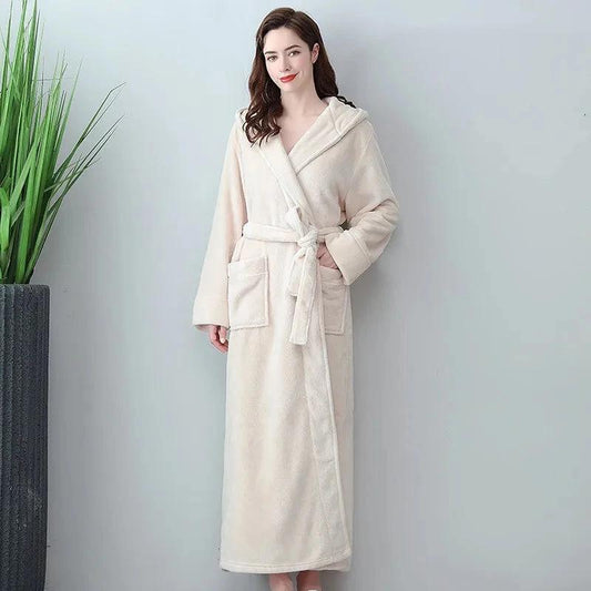 Extra Long Winter Coral Fleece Bathrobe Beige