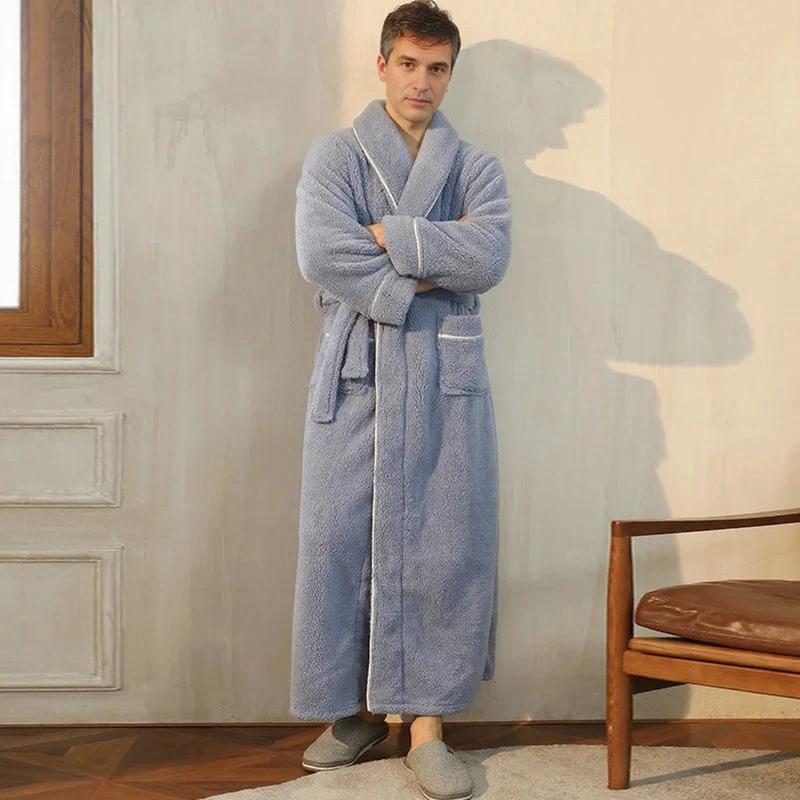 Men's Blue Plush Long Fleece Bathrobe