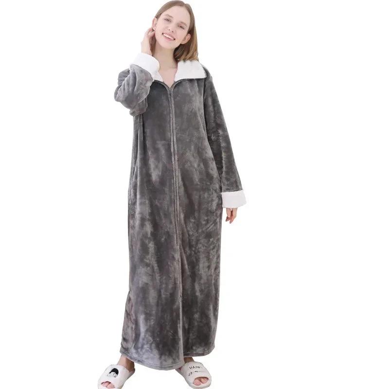 Robe d'intérieur longue et épaisse en flanelle gris clair pour femme