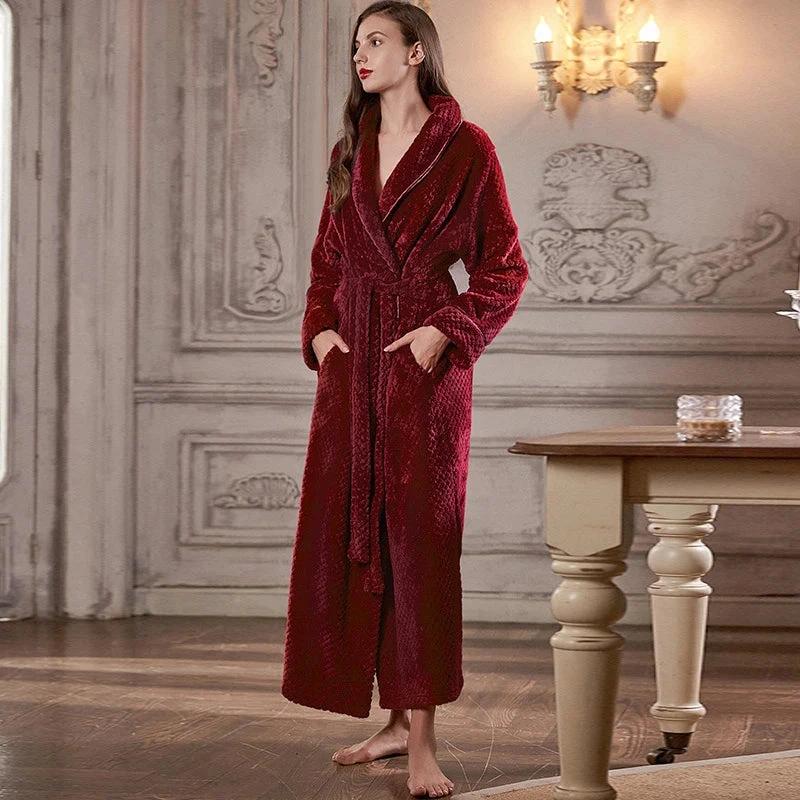 Women's Extra Long Thermal Jacquard Flannel Bathrobe with Belt - Wine