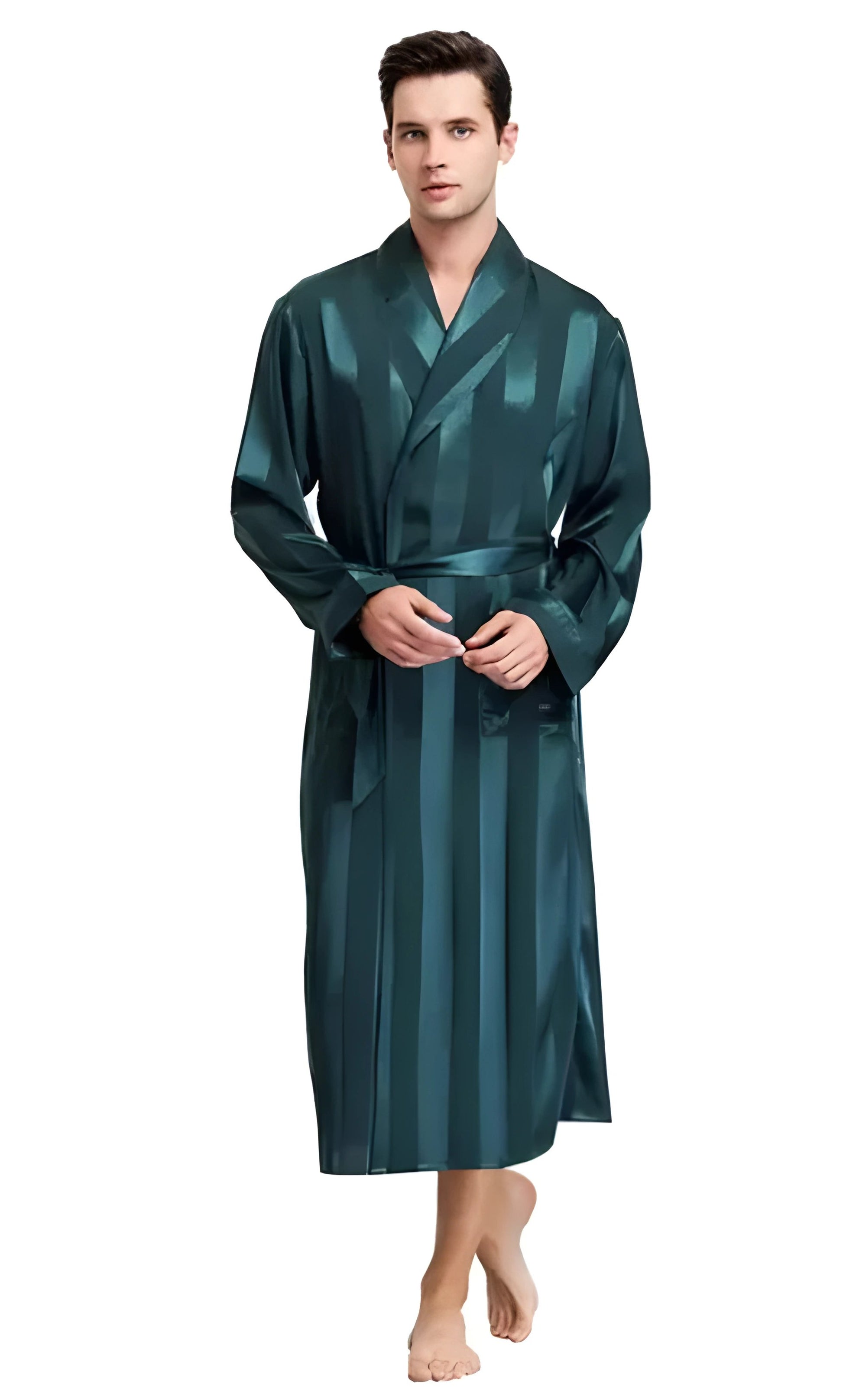 Men Bath Robe Green Striped Kimono Bathrobe Silk Long Dressing Gown
