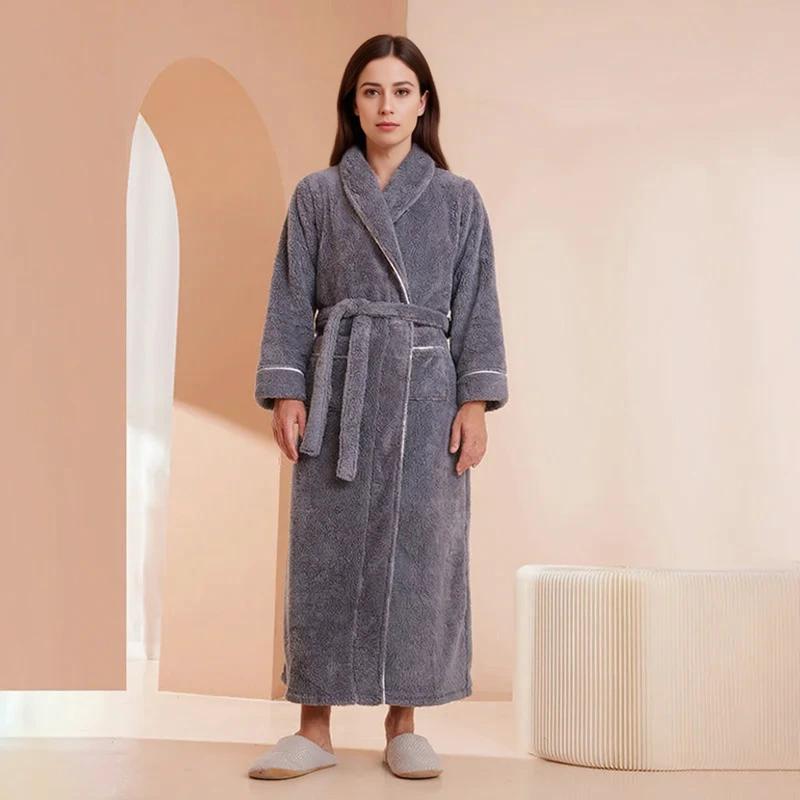 Men's Dark Gray Plush Long Fleece Bathrobe