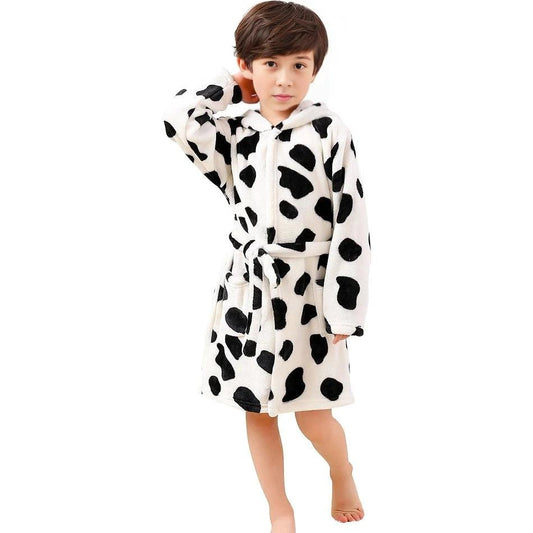 Children Hooded Fleece Bath Robe - Black and White Cow Pattern