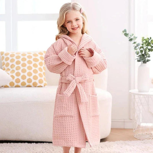 Kids Hooded Cotton Waffle Bathrobe Soft Absorbent Quick Dry with Belt And Big Pocket Solid Homewear for Autumn Winter Swimming - PINK