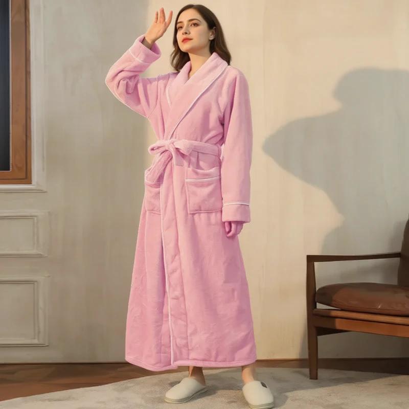 Robe de chambre longue en flanelle rose cerise - Femme