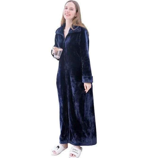 Robe d'intérieur longue et épaisse en flanelle bleu marine pour femme
