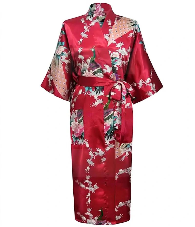 Robe kimono longue en satin pour femme avec poches - Motif paon bordeaux