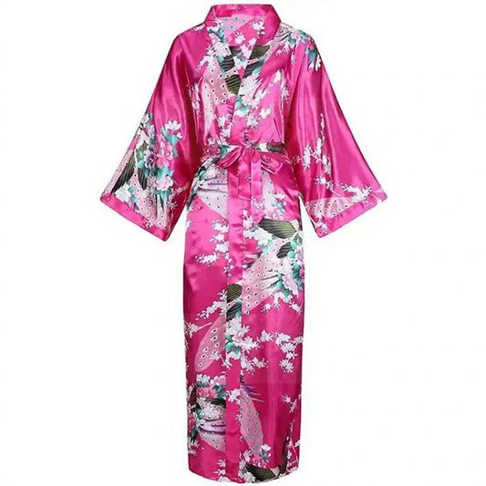 Robe kimono longue en satin pour femme avec poches - Motif paon rose vif