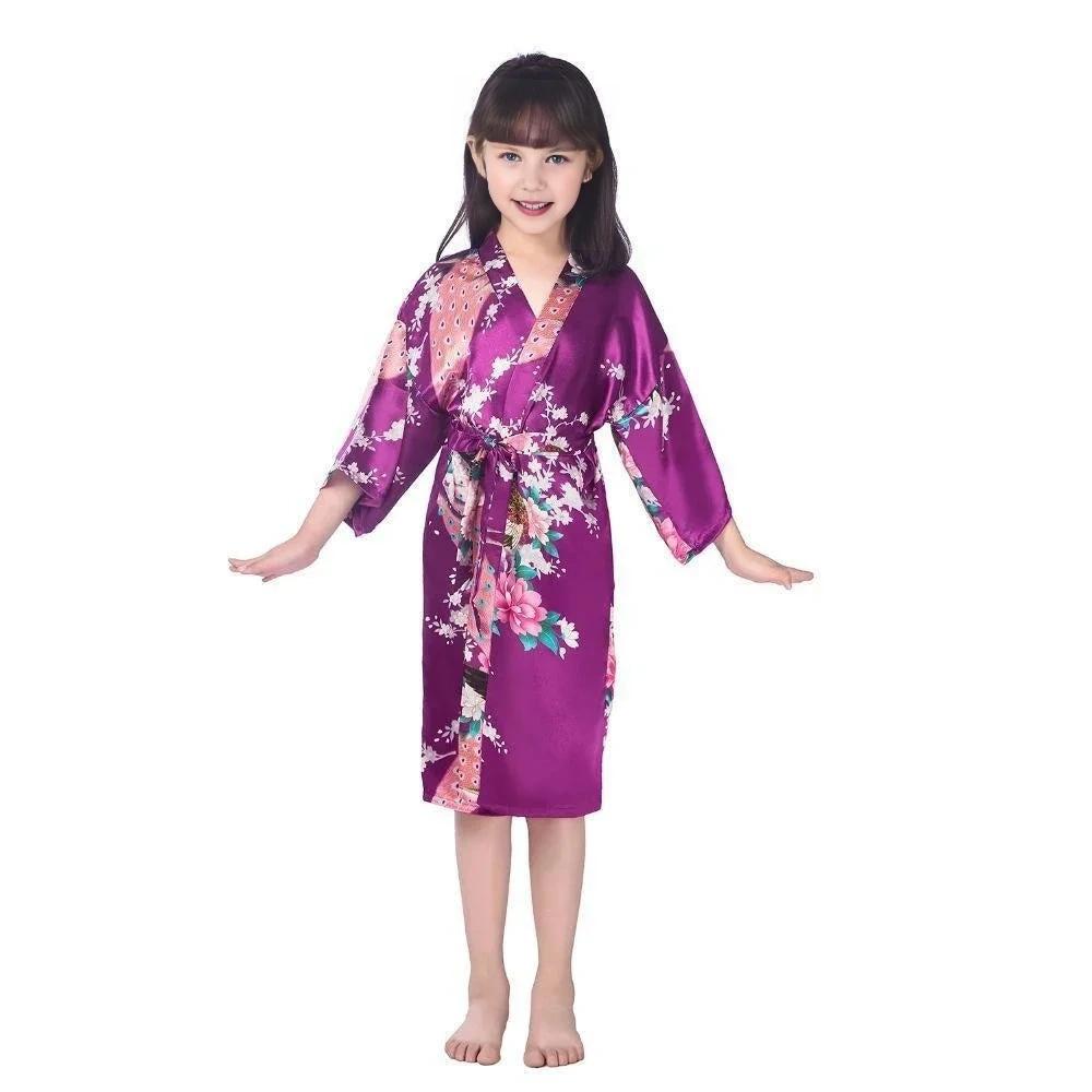 Kids Satin Floral Kimono Robe Purple