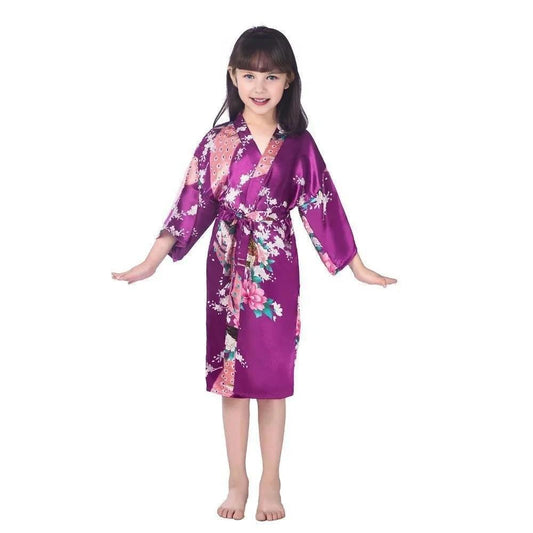 Kids Satin Floral Kimono Robe Purple