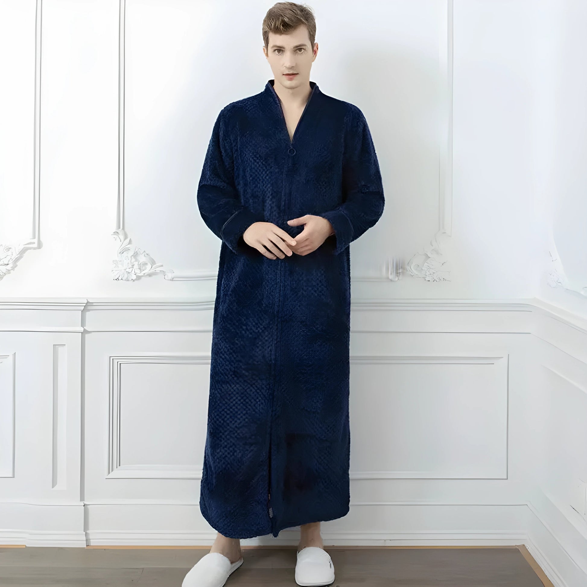 Men's Extra Long Thermal Jacquard Flannel Bathrobe with Zipper - Navy