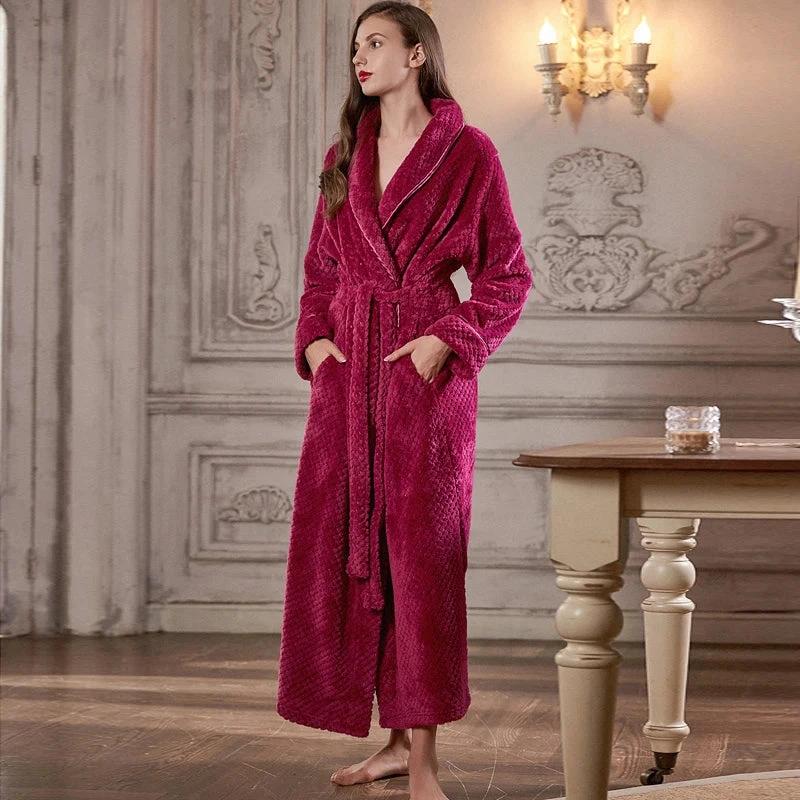Women's Extra Long Thermal Jacquard Flannel Bathrobe with Belt - Rose
