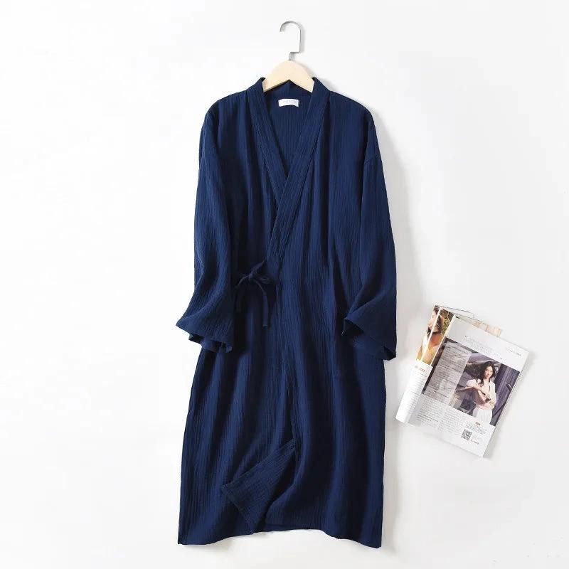 Robe kimono en coton crêpe style japonais pour femme - Bleu marine