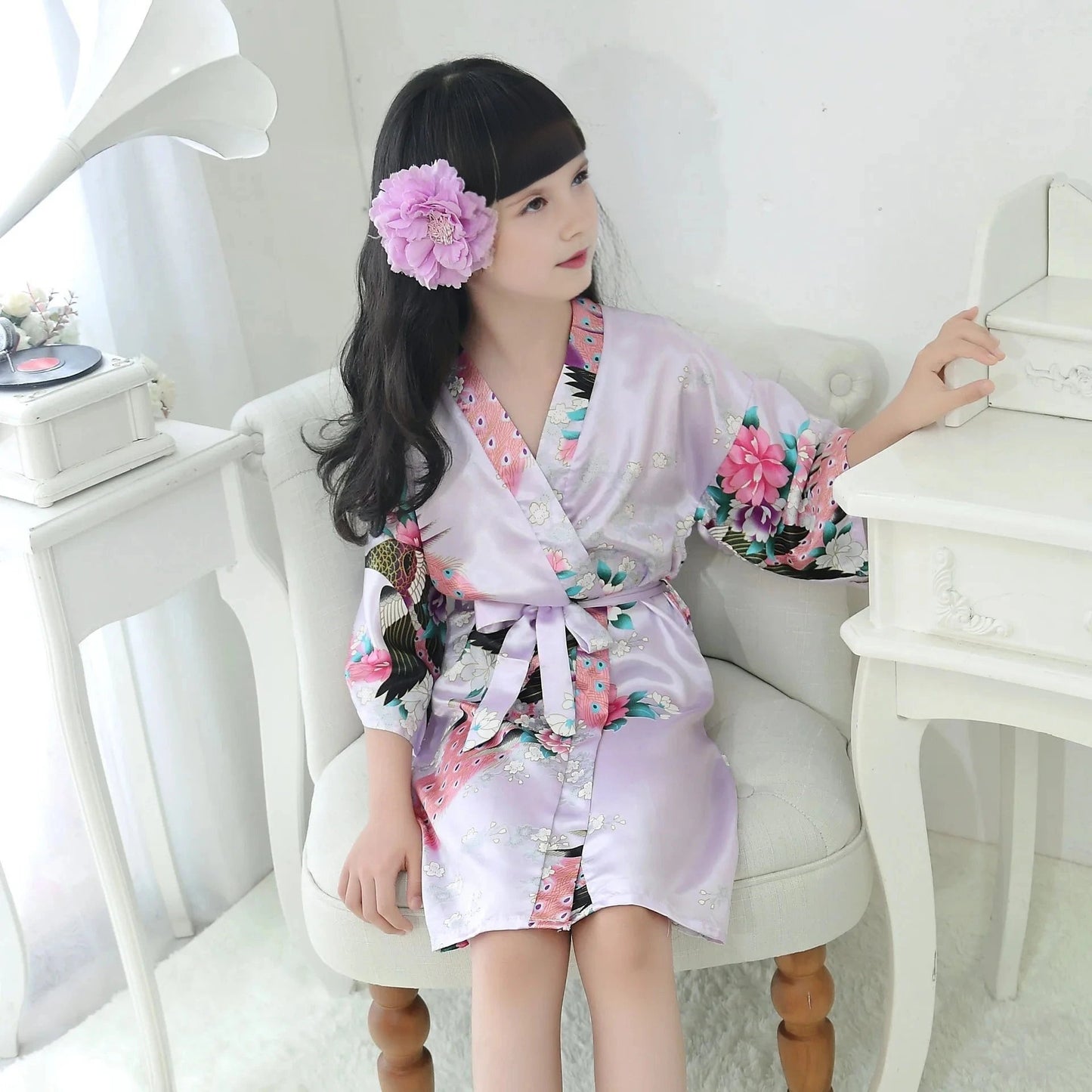 Kids Satin Floral Robe - Light Purple