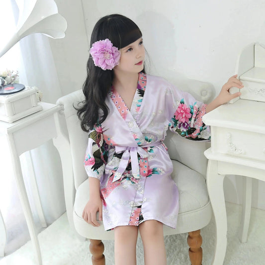 Kids Satin Floral Robe - Light Purple