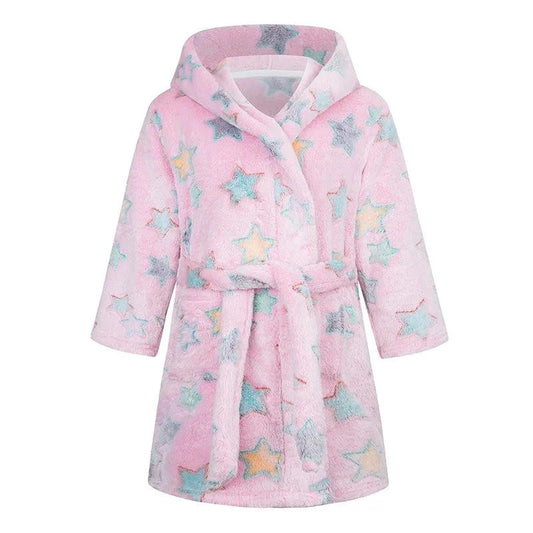Robe de chambre à capuche douce en flanelle d'automne/hiver pour enfants, motif étoiles sur fond rose (Style 11)
