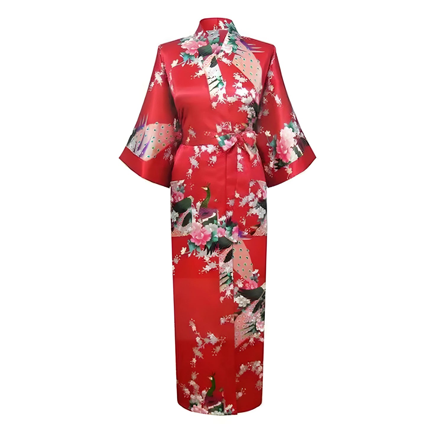 Robe kimono longue en satin pour femme avec poches - Motif paon rouge