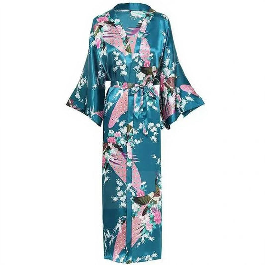 Robe kimono longue en satin pour femme avec poches - Motif paon vert foncé