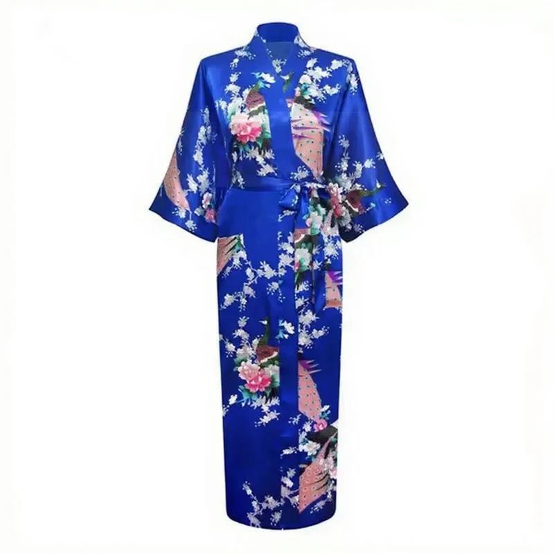 Robe kimono longue en satin pour femme avec poches - Motif paon bleu roi