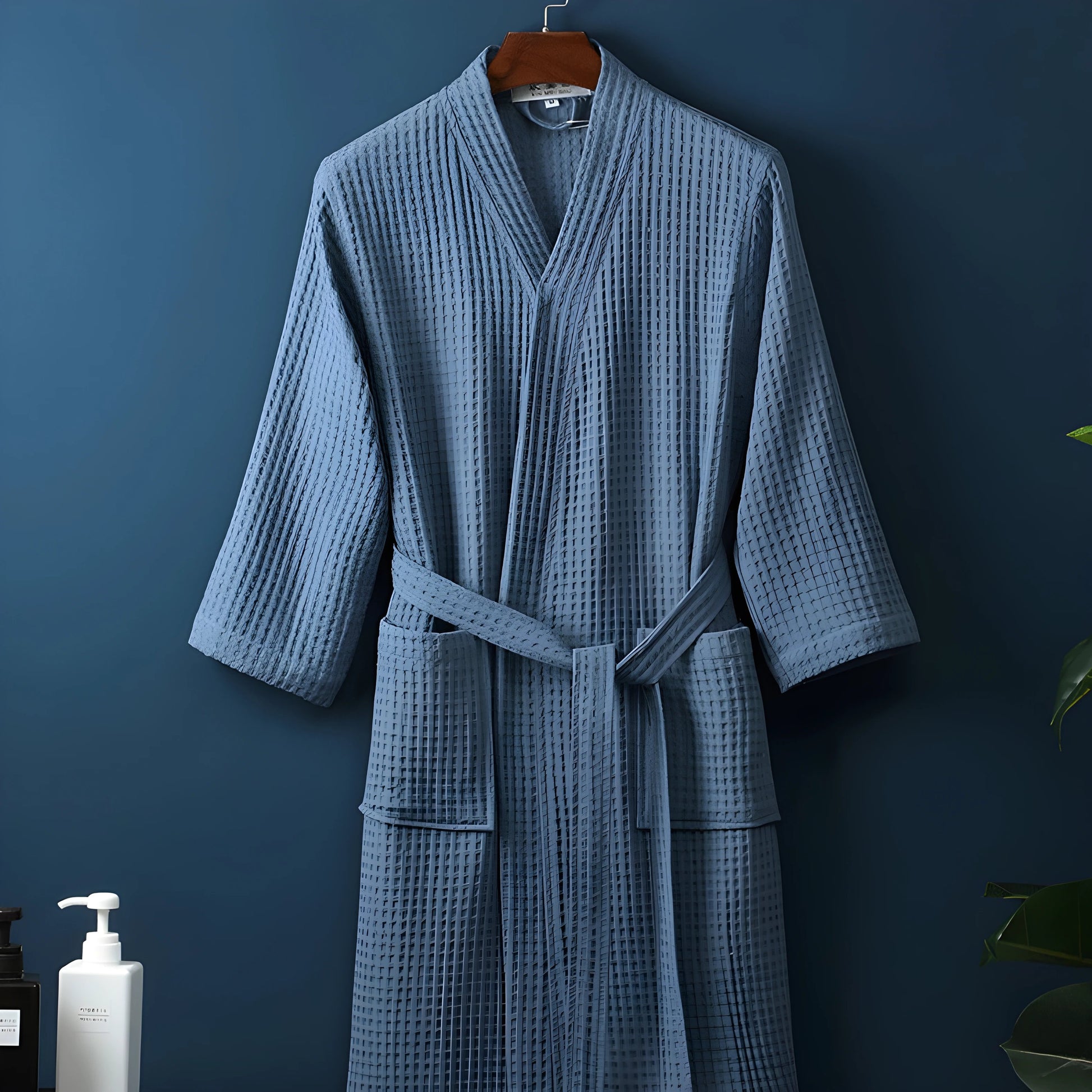 Adult Cotton Waffle Kimono Bathrobe Gown Yukata Couple Robe Negligee with Pocket Loose Casual Home Dress Loungewear Sleepwear - Blue