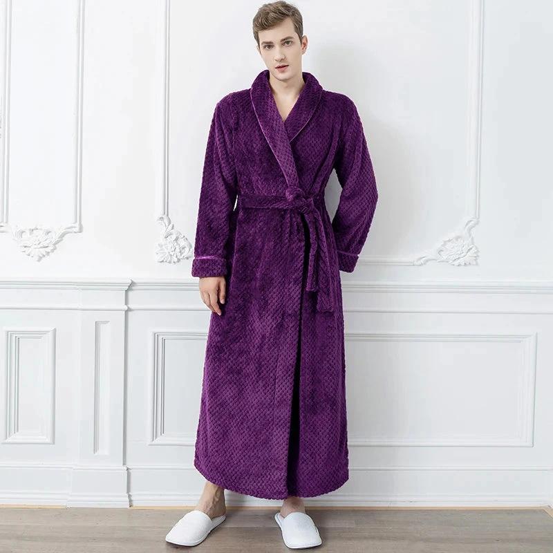 Men's Extra Long Thermal Jacquard Flannel Bathrobe with Belt - Purple