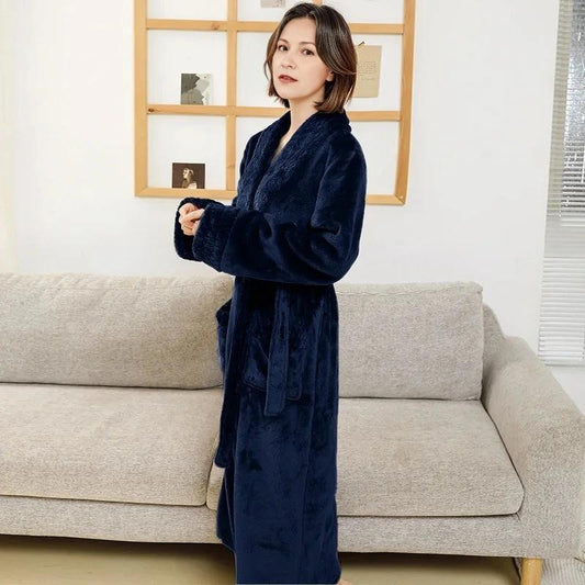 Robe d'hiver épaisse et chaude en flanelle pour femme - Bleu Marine