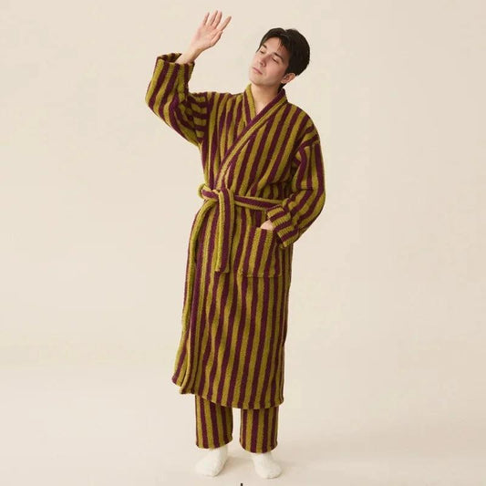 Men's Coral Velvet Striped Robe Set (Purple/Green)