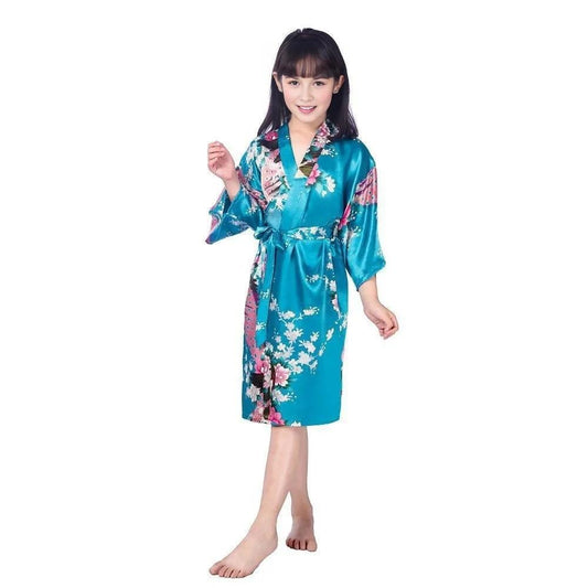 Kids Satin Floral Kimono Robe Lake Blue